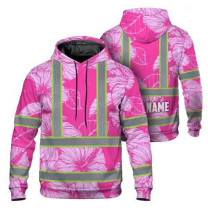 Hi Vis Zip Hoodie Reflective Tapes Pink Neon Hibiscus Custom Name Safety Workwear For Workers, Truckers, Operators