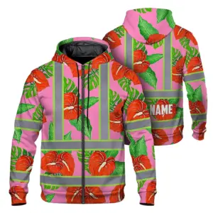 Hi Vis Zip Hoodie Reflective Tapes Pink Neon Red Anthurium Custom Name Safety Workwear For Workers, Truckers, Operators