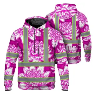 Hi Vis Zip Hoodie Reflective Tapes Pink Neon White Protea Custom Name Safety Workwear For Workers, Truckers, Operators