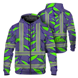 Hi Vis Zip Hoodie Reflective Tapes Violet Neon Green Heliconia Custom Name Safety Workwear For Workers, Truckers, Operators