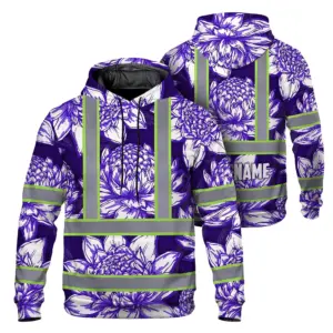 Hi Vis Zip Hoodie Reflective Tapes Violet Neon White Protea Custom Name Safety Workwear For Workers, Truckers, Operators