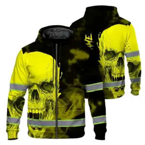 Hi Vis Zip Hoodie Shirt Reflective Tapes Black And Yellow Neon Skull Custom Name Safety Workwear For Workers, Truckers, Operators