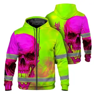 Hi Vis Zip Hoodie Shirt Reflective Tapes Pink And Lime Neon Skull Custom Name Safety Workwear For Workers, Truckers, Operators