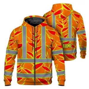 Hi Vis Zip Hoodie Shirt Reflective Tapes Red Neon Lime Heliconia Custom Name Safety Workwear For Workers, Truckers, Operators