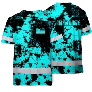 Hi Vis American Flag Shirt, Blue Neon Custom Name Reflective Short Sleeve Button-up Safety Shirt for Workers