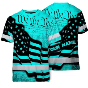 Hi Vis American Flag Shirt, Blue Neon Custom Name Reflective Short Sleeve Button-up Safety Shirt for Workers