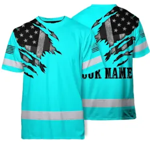 Hi Vis American Flag Shirt, Blue Neon Custom Name Reflective Short Sleeve Button-up Safety Shirt for Workers