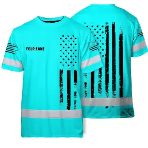 Hi Vis American Flag Shirt, Blue Neon Custom Name Reflective Short Sleeve Button-up Safety Shirt for Workers