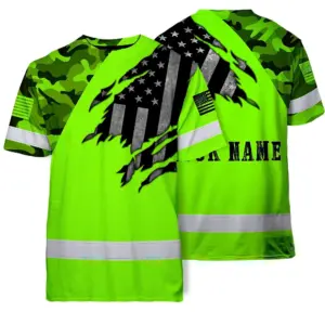 Hi Vis American Flag Shirt, Green Neon Custom Name Reflective Short Sleeve Button-up Safety Shirt for Workers