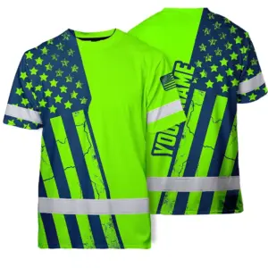 Hi Vis American Flag Shirt, Green Neon Custom Name Reflective Short Sleeve Button-up Safety Shirt for Workers