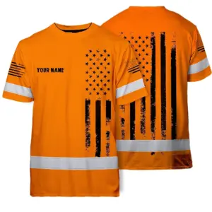 Hi Vis American Flag Shirt, Orange Neon Custom Name Reflective Short Sleeve Button-up Safety Shirt for Workers