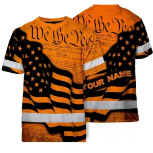 Hi Vis American Flag Shirt, Orange Neon Custom Name Reflective Short Sleeve Button-up Safety Shirt for Workers