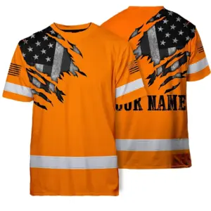 Hi Vis American Flag Shirt, Orange Neon Custom Name Reflective Short Sleeve Button-up Safety Shirt for Workers