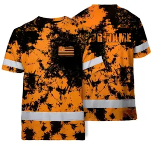 Hi Vis American Flag Shirt, Orange Neon Custom Name Reflective Short Sleeve Button-up Safety Shirt for Workers