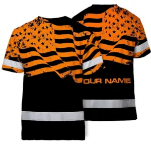 Hi Vis American Flag Shirt, Orange Neon Custom Name Reflective Short Sleeve Button-up Safety Shirt for Workers