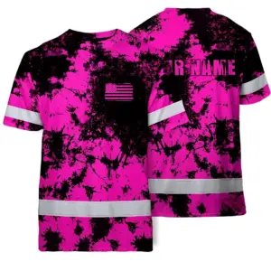Hi Vis American Flag Shirt, Pink Neon Custom Name Reflective Short Sleeve Button-up Safety Shirt for Workers