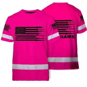 Hi Vis American Flag Shirt, Pink Neon Custom Name Reflective Short Sleeve Button-up Safety Shirt for Workers