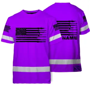 Hi Vis American Flag Shirt, Violet Neon Custom Name Reflective Short Sleeve Button-up Safety Shirt for Workers