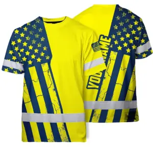 Hi Vis American Flag Shirt, Yellow Neon Custom Name Reflective Short Sleeve Button-up Safety Shirt for Workers