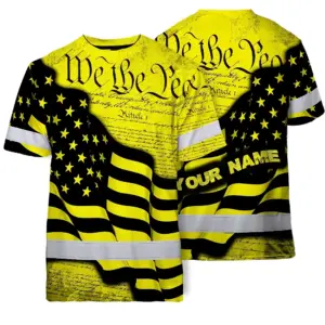 Hi Vis American Flag Shirt, Yellow Neon Custom Name Reflective Short Sleeve Button-up Safety Shirt for Workers