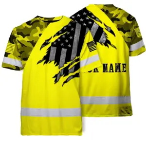 Hi Vis American Flag Shirt, Yellow Neon Custom Name Reflective Short Sleeve Button-up Safety Shirt for Workers