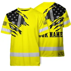Hi Vis American Flag Shirt, Yellow Neon Custom Name Reflective Short Sleeve Button-up Safety Shirt for Workers
