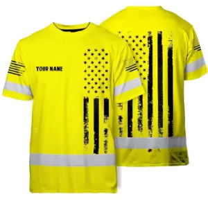 Hi Vis American Flag Shirt, Yellow Neon Custom Name Reflective Short Sleeve Button-up Safety Shirt for Workers