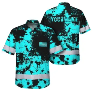 Hi Vis Hawaiian American Flag Shirt, Blue Neon Custom Name Reflective Short Sleeve Button-up Safety Shirt for Workers
