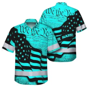 Hi Vis Hawaiian American Flag Shirt, Blue Neon Custom Name Reflective Short Sleeve Button-up Safety Shirt for Workers