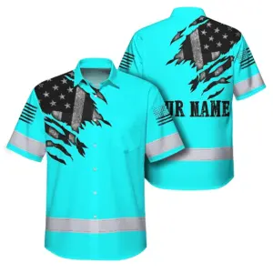 Hi Vis Hawaiian American Flag Shirt, Blue Neon Custom Name Reflective Short Sleeve Button-up Safety Shirt for Workers