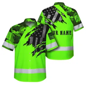 Hi Vis Hawaiian American Flag Shirt, Green Neon Custom Name Reflective Short Sleeve Button-up Safety Shirt for Workers