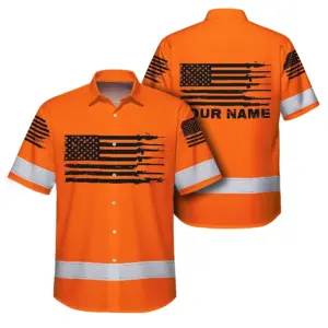 Hi Vis Hawaiian American Flag Shirt, Orange Neon Custom Name Reflective Short Sleeve Button-up Safety Shirt for Workers