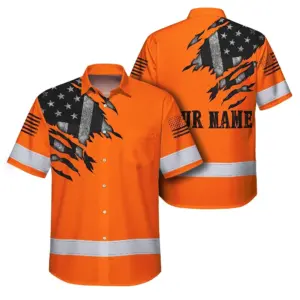 Hi Vis Hawaiian American Flag Shirt, Orange Neon Custom Name Reflective Short Sleeve Button-up Safety Shirt for Workers
