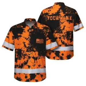 Hi Vis Hawaiian American Flag Shirt, Orange Neon Custom Name Reflective Short Sleeve Button-up Safety Shirt for Workers