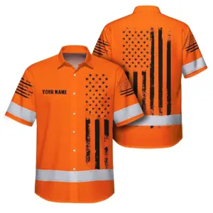 Hi Vis Hawaiian American Flag Shirt, Orange Neon Custom Name Reflective Short Sleeve Button-up Safety Shirt for Workers