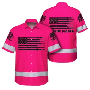 Hi Vis Hawaiian American Flag Shirt, Pink Neon Custom Name Reflective Short Sleeve Button-up Safety Shirt for Workers