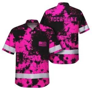 Hi Vis Hawaiian American Flag Shirt, Pink Neon Custom Name Reflective Short Sleeve Button-up Safety Shirt for Workers