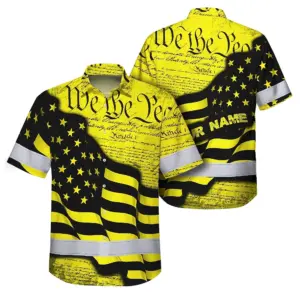 Hi Vis Hawaiian American Flag Shirt, Yellow Neon Custom Name Reflective Short Sleeve Button-up Safety Shirt for Workers