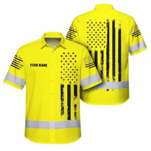 Hi Vis Hawaiian American Flag Shirt, Yellow Neon Custom Name Reflective Short Sleeve Button-up Safety Shirt for Workers