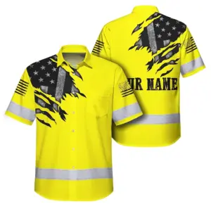 Hi Vis Hawaiian American Flag Shirt, Yellow Neon Custom Name Reflective Short Sleeve Button-up Safety Shirt for Workers