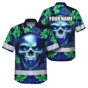 Hi Vis Hawaiian Shirt Reflective Tapes Blue Green Skull Flower Custom Name Safety Workwear For Workers, Truckers, Operators