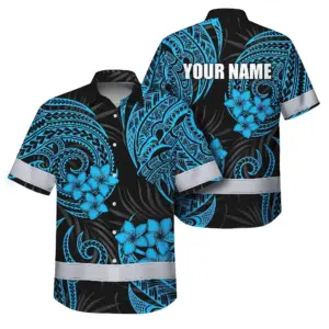 Hi Vis Hawaiian Shirt Reflective Tapes Blue Neon Polynesian Custom Name Safety Workwear For Workers, Truckers, Operators
