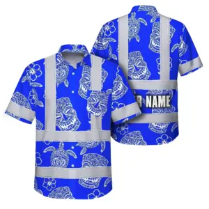 Hi Vis Hawaiian Shirt Reflective Tapes Blue Tiki Custom Name Safety Workwear For Workers, Truckers, Operators
