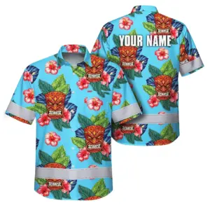 Hi Vis Hawaiian Shirt Reflective Tapes Blue Tiki Flower Custom Name Safety Workwear For Workers, Truckers, Operators
