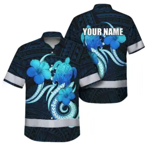 Hi Vis Hawaiian Shirt Reflective Tapes Blue Turtle Polynesian Custom Name Safety Workwear For Workers, Truckers, Operators