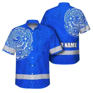 Hi Vis Hawaiian Shirt Reflective Tapes Blue White Polynesian Custom Name Safety Workwear For Workers, Truckers, Operators