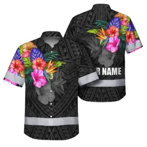 Hi Vis Hawaiian Shirt Reflective Tapes Color Flowers Polynesian Custom Name Safety Workwear For Workers, Truckers, Operators