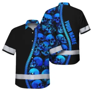 Hi Vis Hawaiian Shirt Reflective Tapes Gradient Blue Neon Skull Custom Name Safety Workwear For Workers, Truckers, Operators