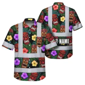 Hi Vis Hawaiian Shirt Reflective Tapes Green And Flower Tiki Custom Name Safety Workwear For Workers, Truckers, Operators