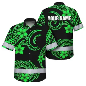 Hi Vis Hawaiian Shirt Reflective Tapes Green Black Polynesian Custom Name Safety Workwear For Workers, Truckers, Operators